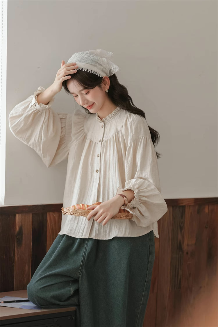 Marshmallow Puff Sleeve Blouse (Beige)