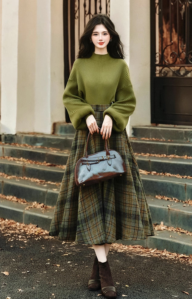 Willow Plaid Sweater & Skirt Set (Green)