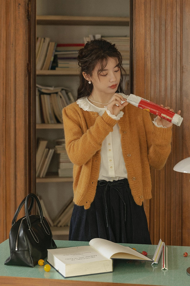 Round Neck Knitted Cardigan (Pumpkin Mustard)