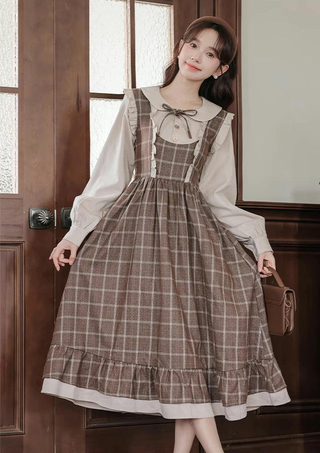 Cocoa Plaid Twofer Midi Dress (Khaki)