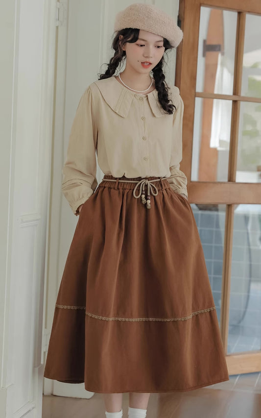 Drawstring Midi Skirt (Brown)