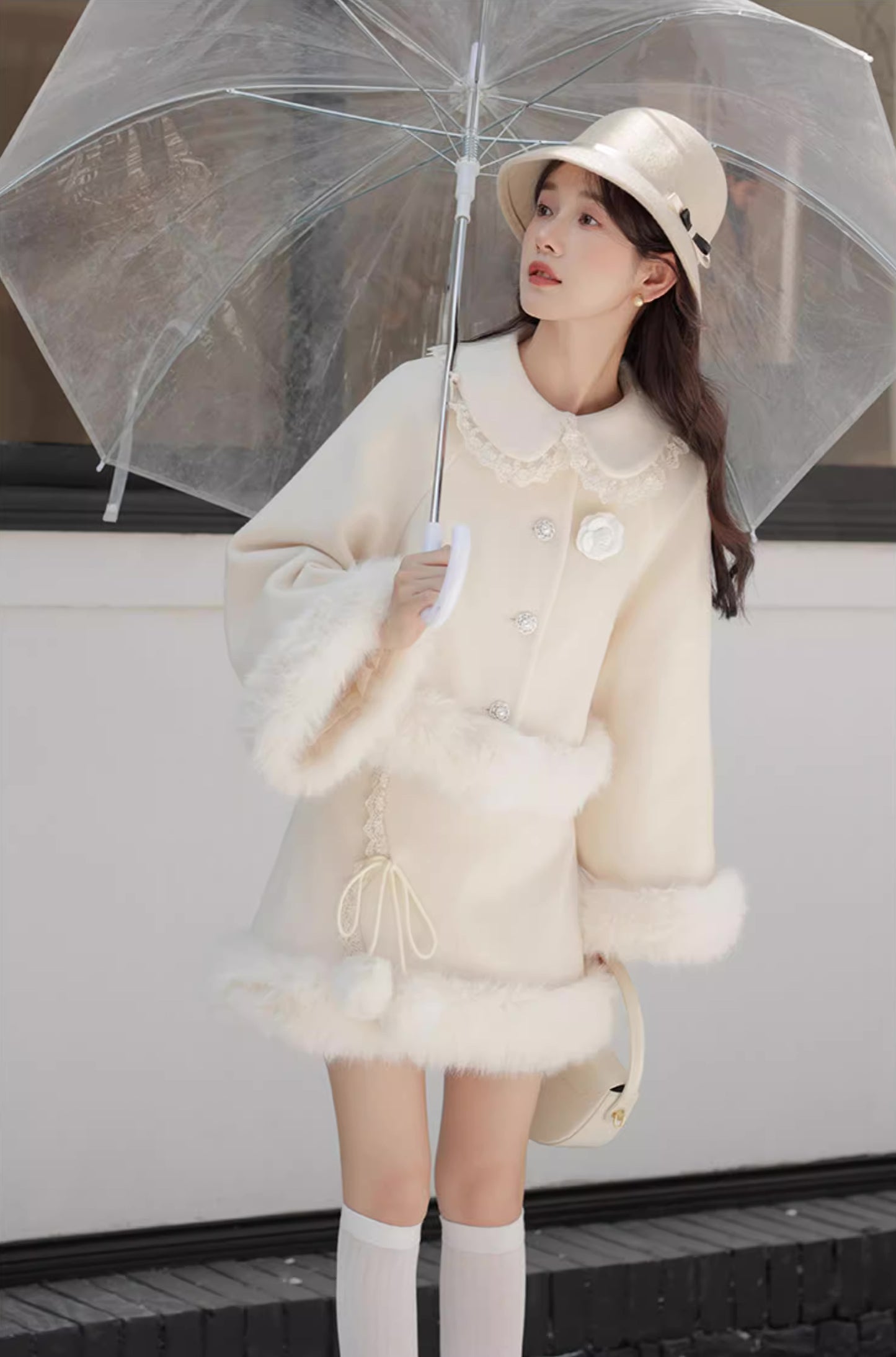 Fuzzy Snow Puff Tweed Set (Cream)