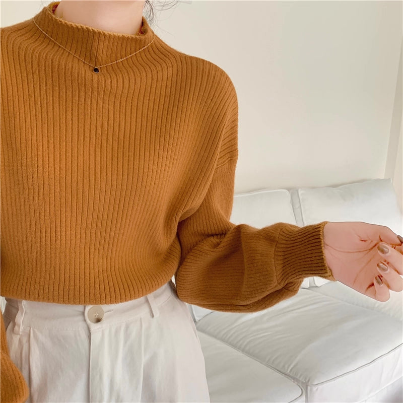 Balloon Sleeve Ribbed Sweater (4 Colors)