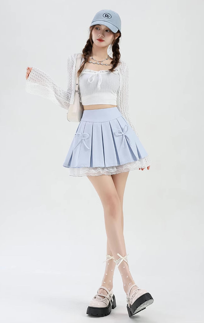 Bow Lace Pleated Mini Skirt (7 Colors)