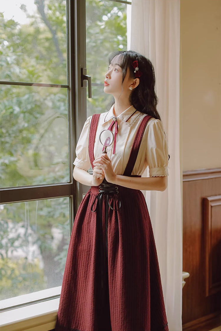 Short Sleeve Crepe Suspender Skirt Set (Maroon)