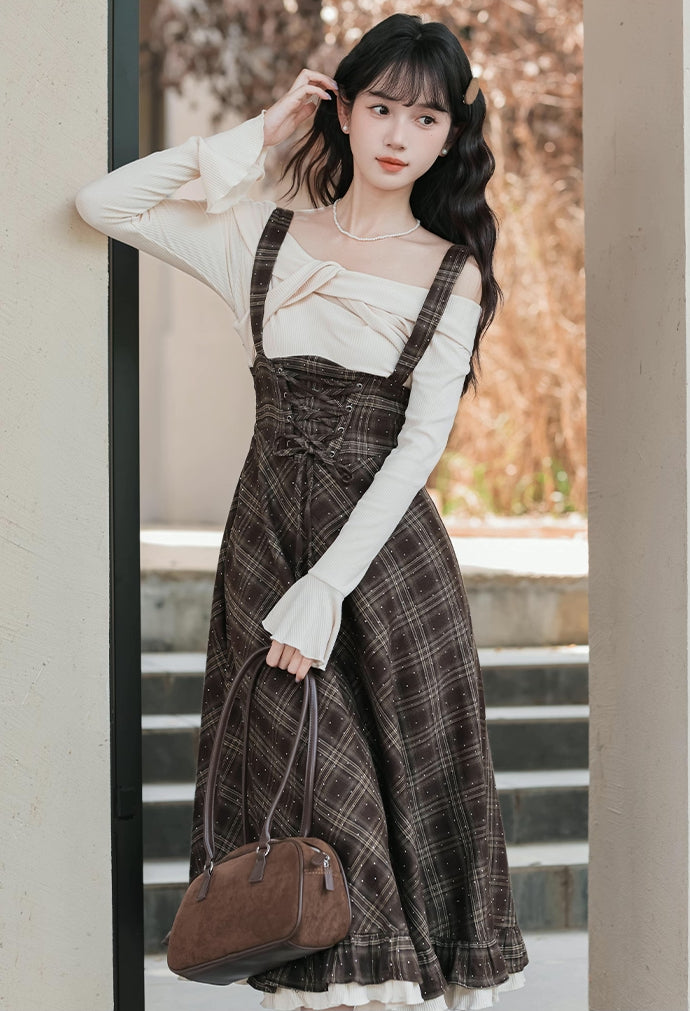 Snowy Plaid Twofer Suspender Midi Dress (Cream/Brown)