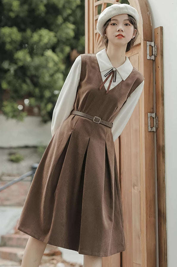 Basic Twofer Pinafore Dress (Brown)