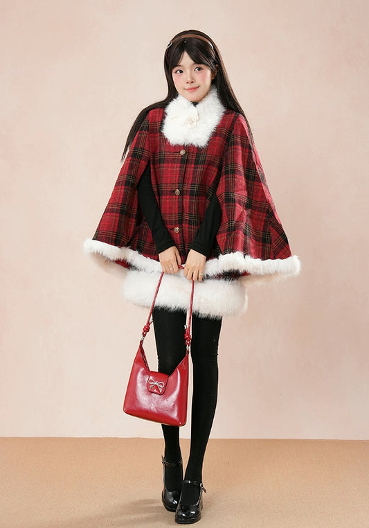 Merry Plaid Mini Dress & Capelet Set (Red)