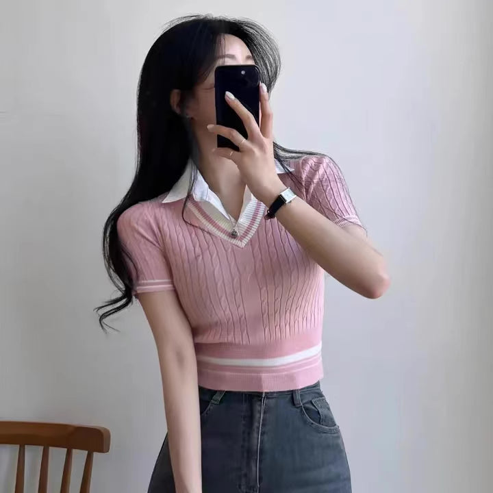 Knitted Polo Cropped Twofer Blouse (5 Colors)