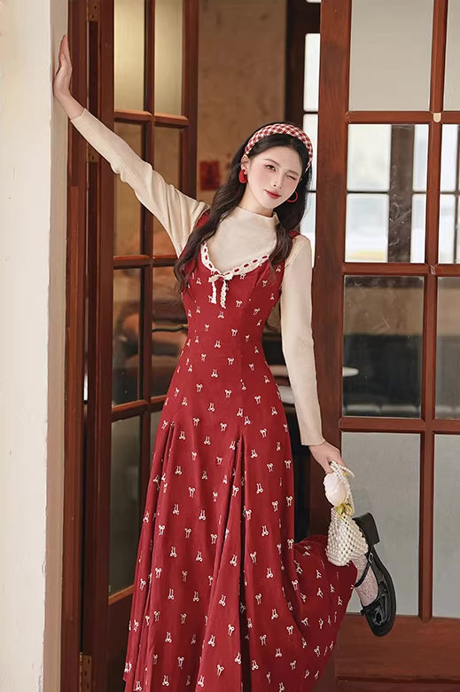 Lucky Bows Midi Dress (Red)