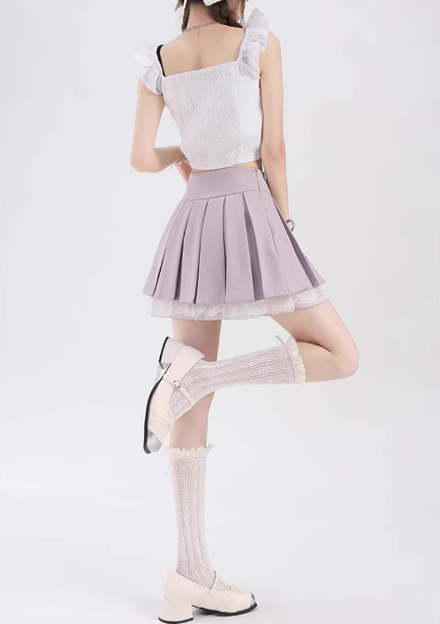 Bow Lace Pleated Mini Skirt (7 Colors)