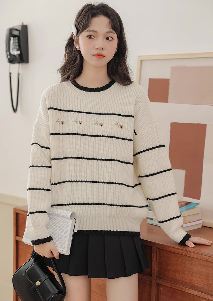 Emily Floral Stripe Sweater (White/Black)