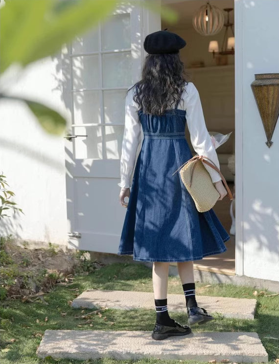 Button Down Denim Cami Midi Dress (Dark Blue)