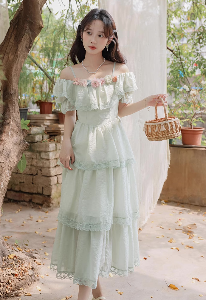 Garden Fairy Tiered Cold Shoulder Midi Dress (Mint Green)