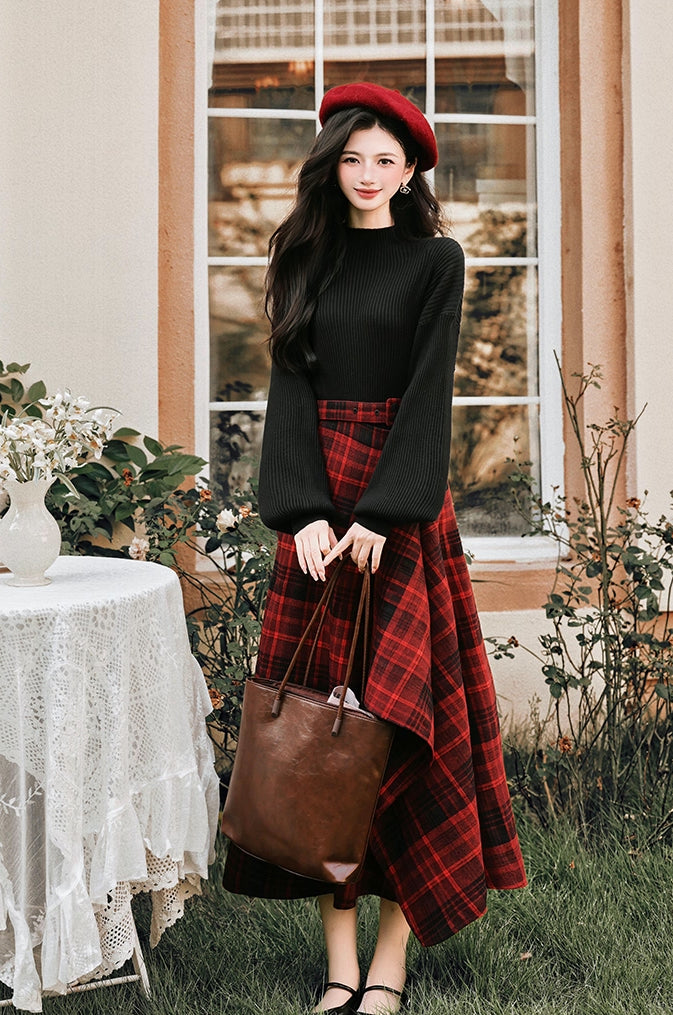 Lingonberry Plaid Asymmetrical Midi Skirt (Red/Black)