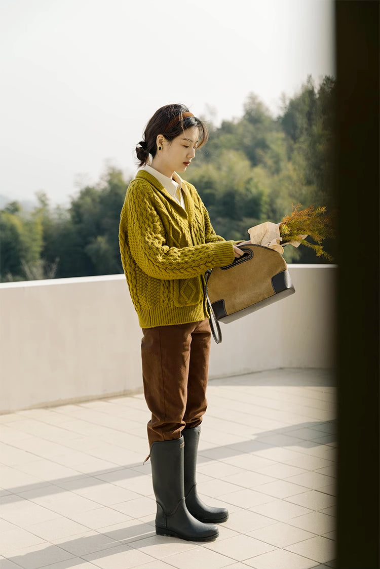 Shawl Collar Cable Knit Cardigan (Chartreuse)