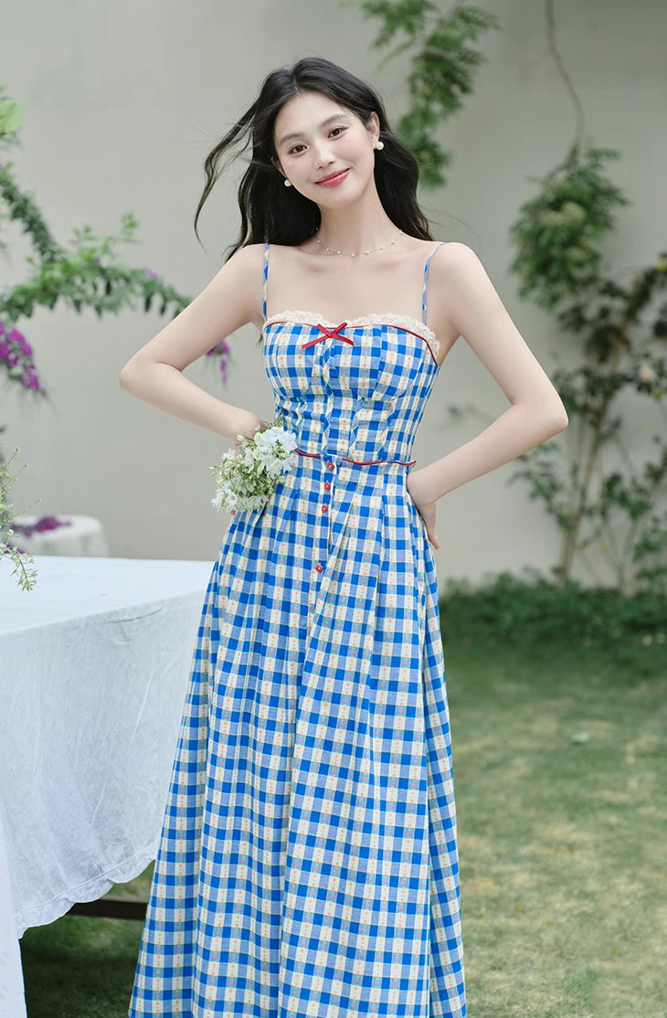Vintage Gingham Floral Cami Dress (Blue)