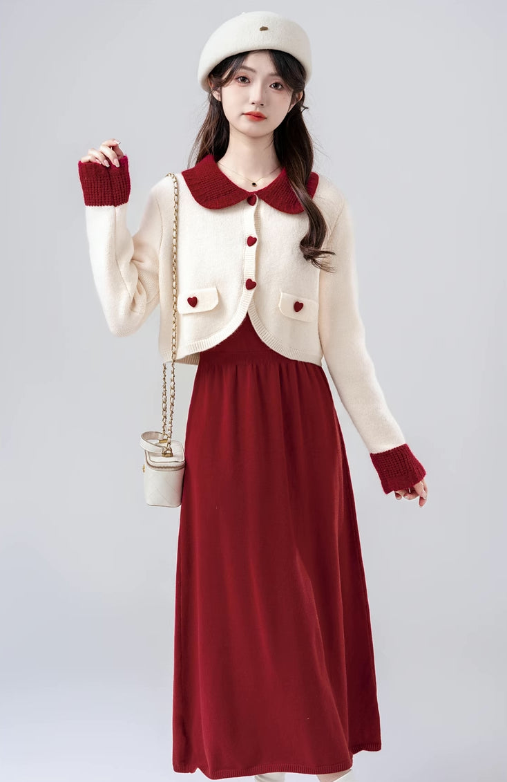 Sweetheart Cropped Cardigan (White/Red)