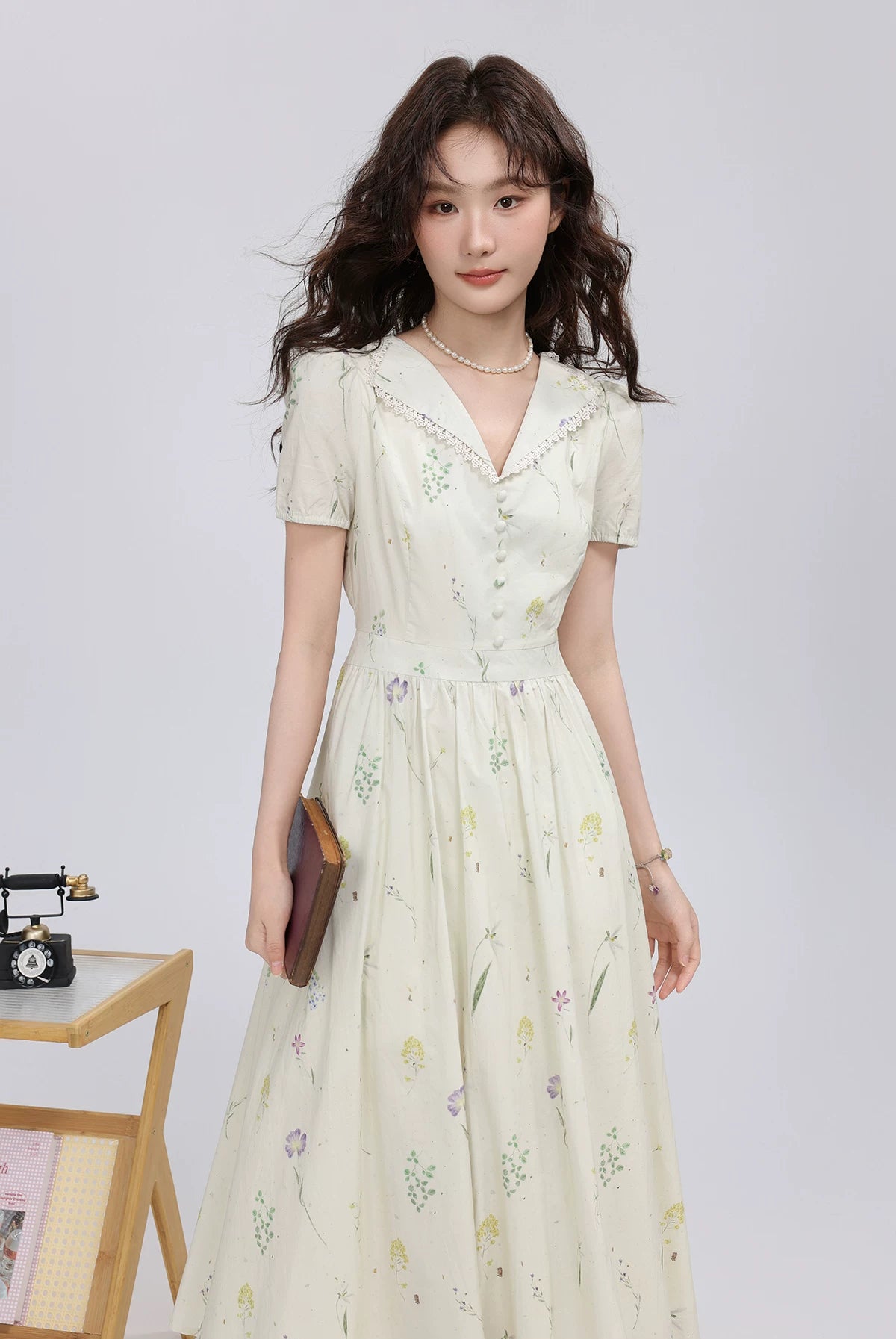 Dried Flowers Midi Shirt Dress (Cream)