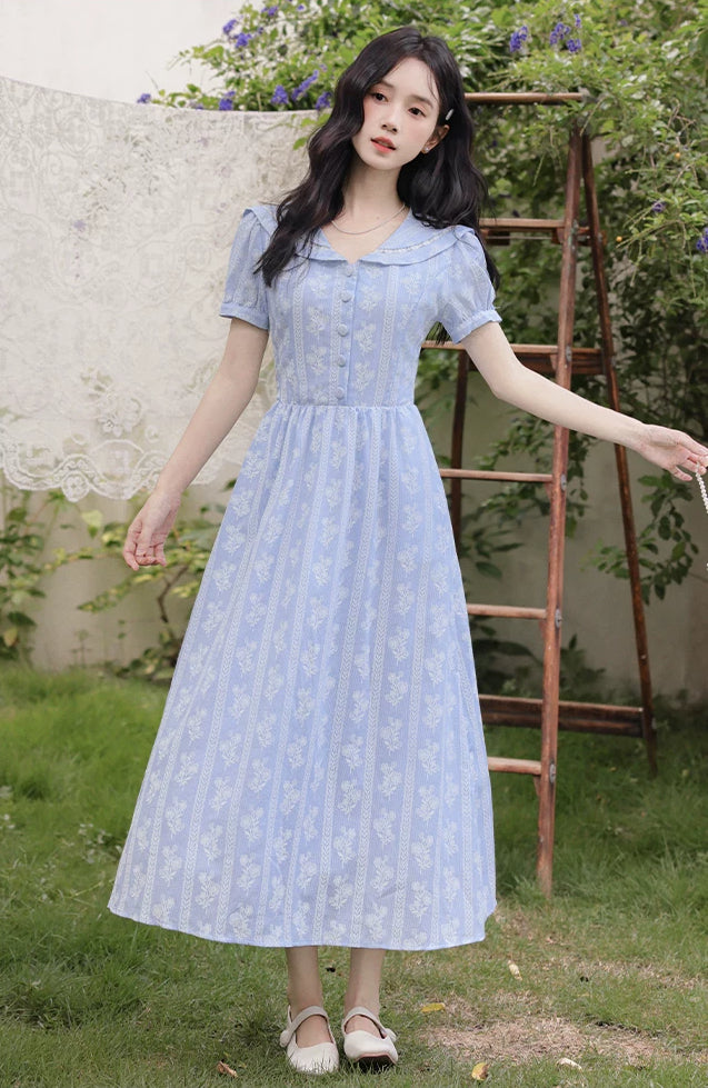 Floral Stripe Midi Dress (Blue)