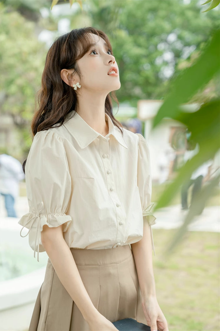 Basic Frilly Puff Sleeve Blouse (Cream)