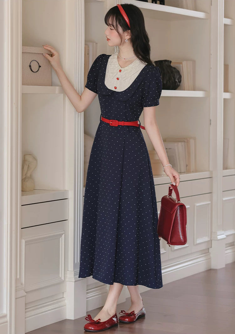 Miss Americana Polka Dot Midi Dress (Navy)