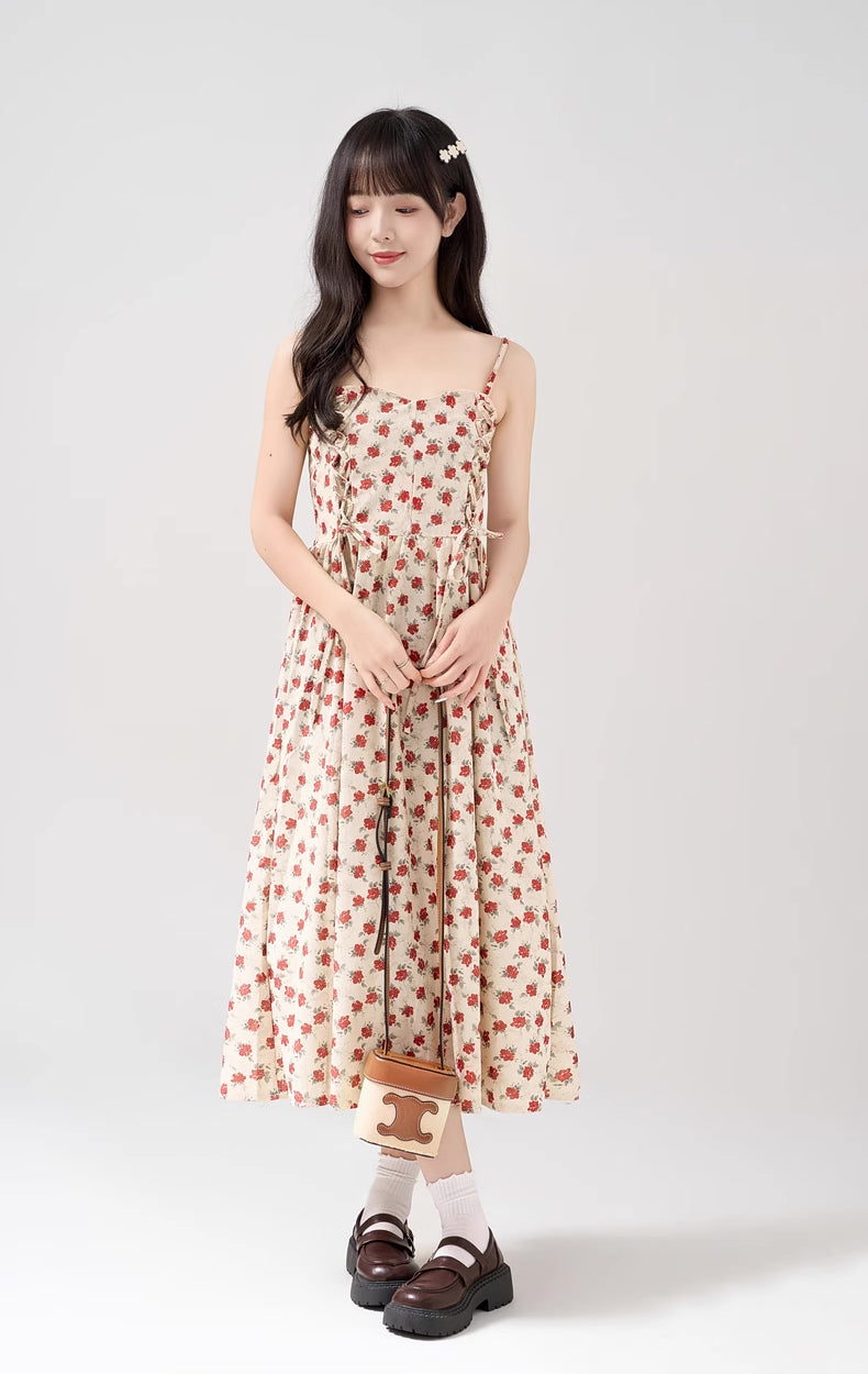 Lace Up Floral Cami Midi Dress (Beige/Red)