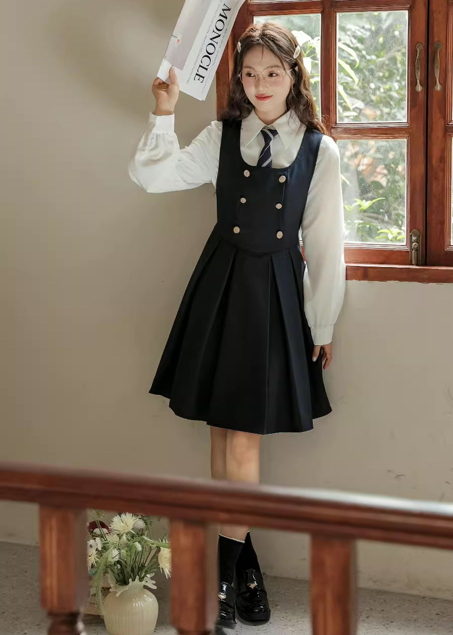 Double Breasted Mini Pinafore Set (Navy)