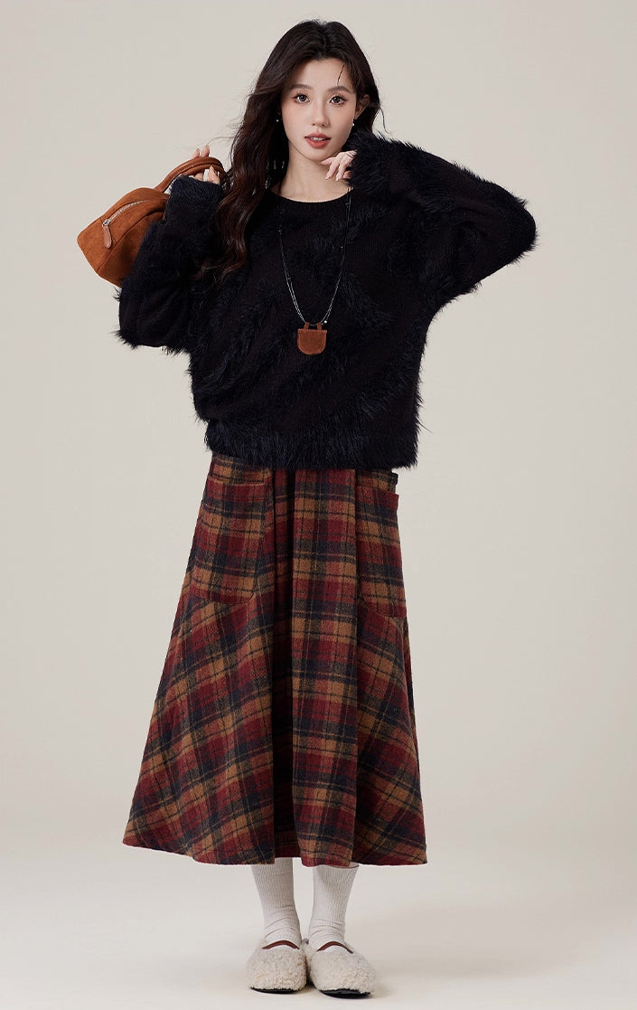 Bookshop Plaid Midi Skirt (Red/Khaki)