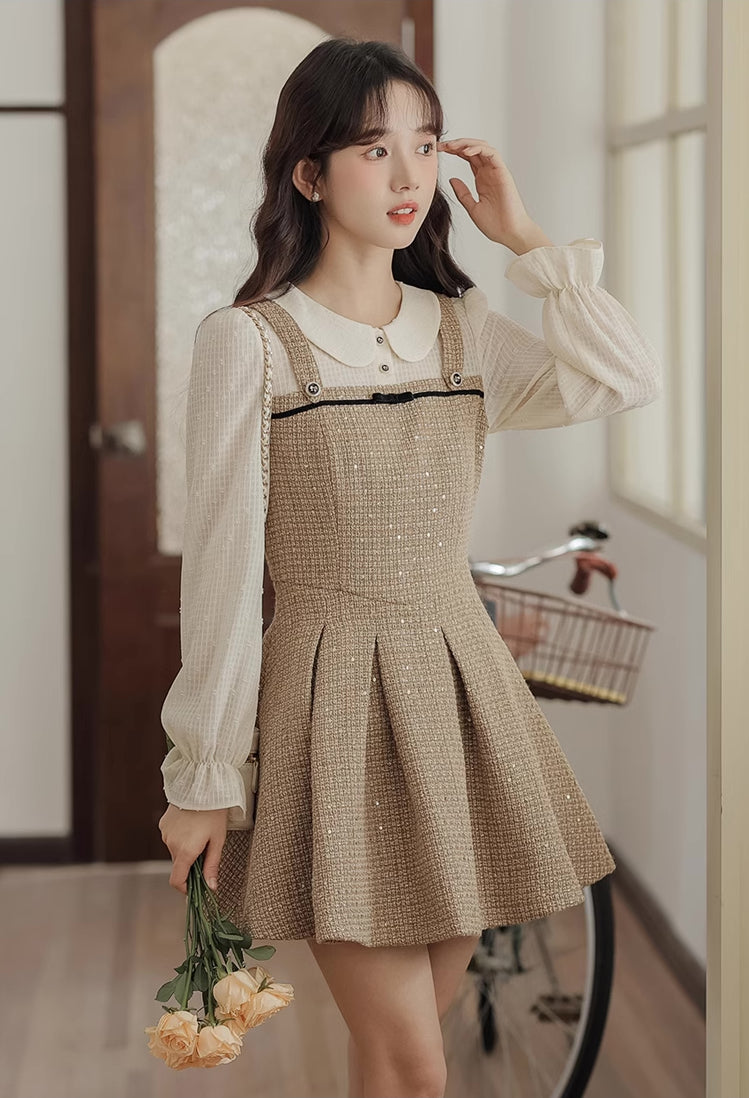 Latte Tweed Mini Twofer Dress (Khaki)