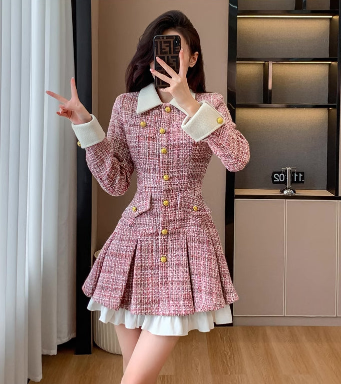 Flirty Plaid Tweed Mini Dress (Pink) M