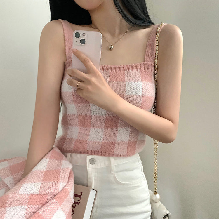 Gingham Cropped Cardi & Cami Set (5 Colors)