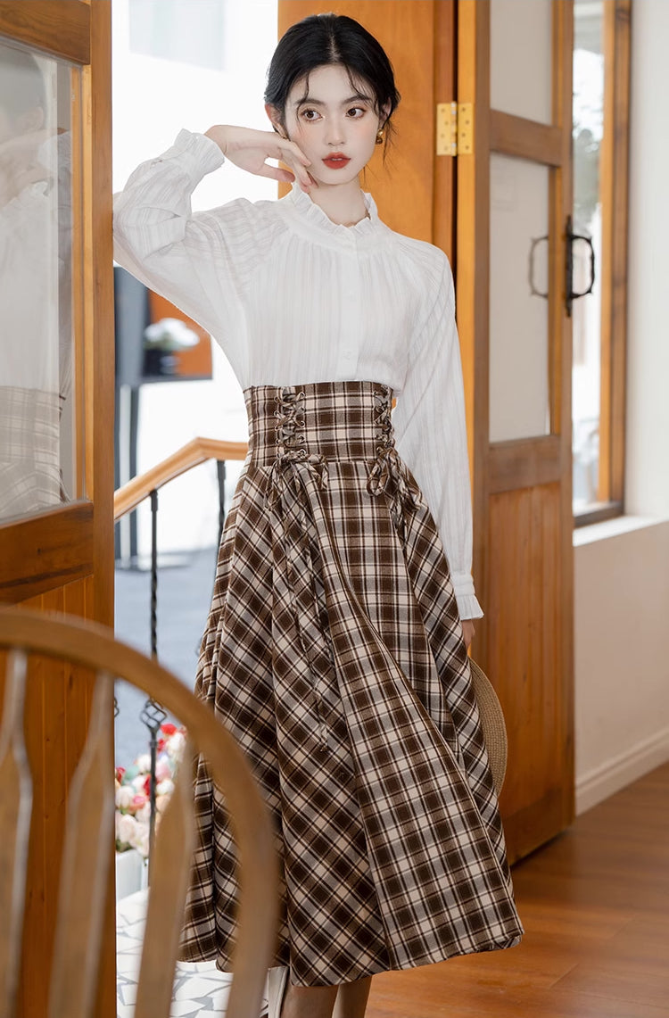 Choco Plaid Midi Skirt (Brown)