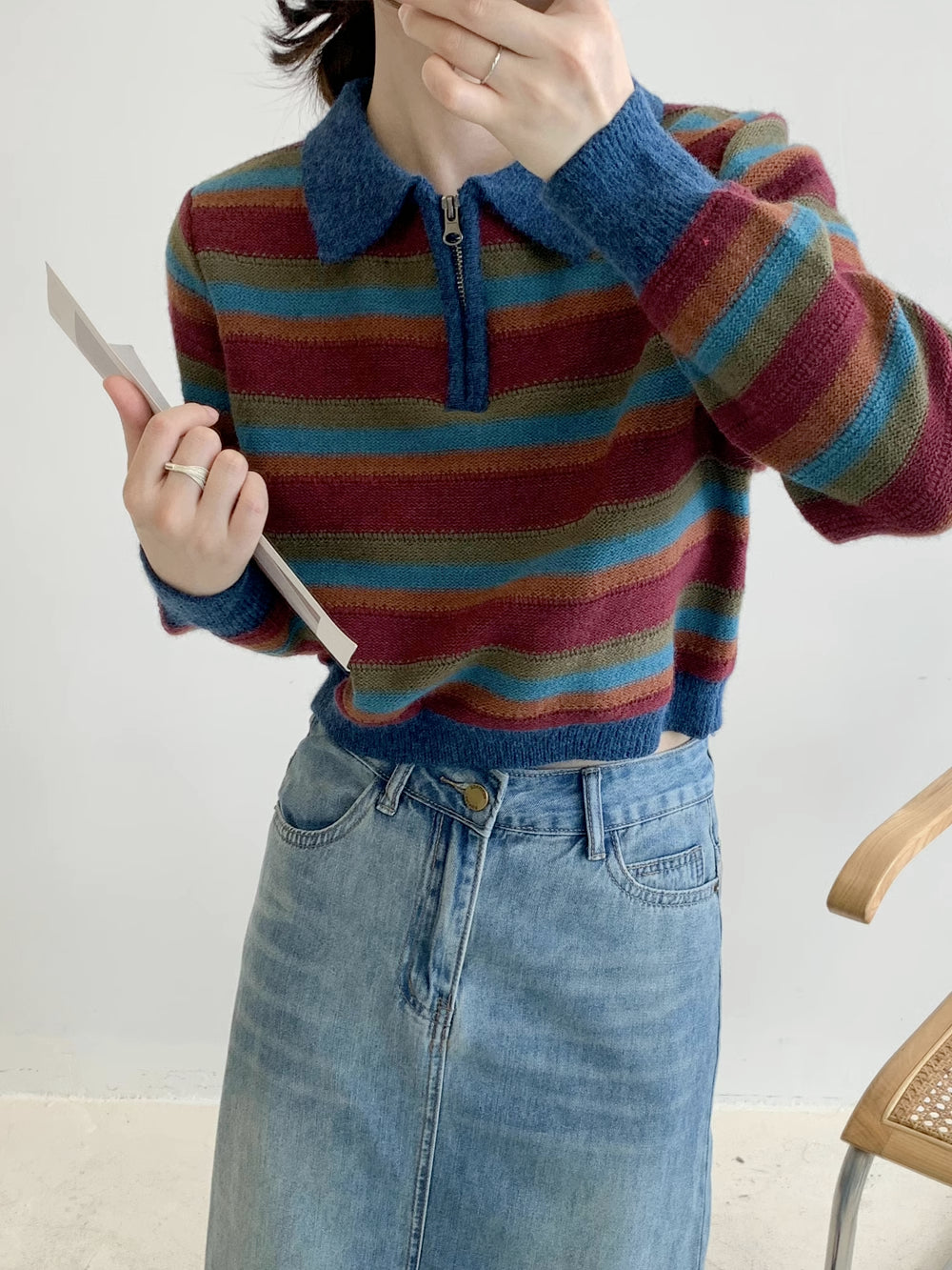 Autumn Vintage Stripe Polo Sweater (Blue/Red)