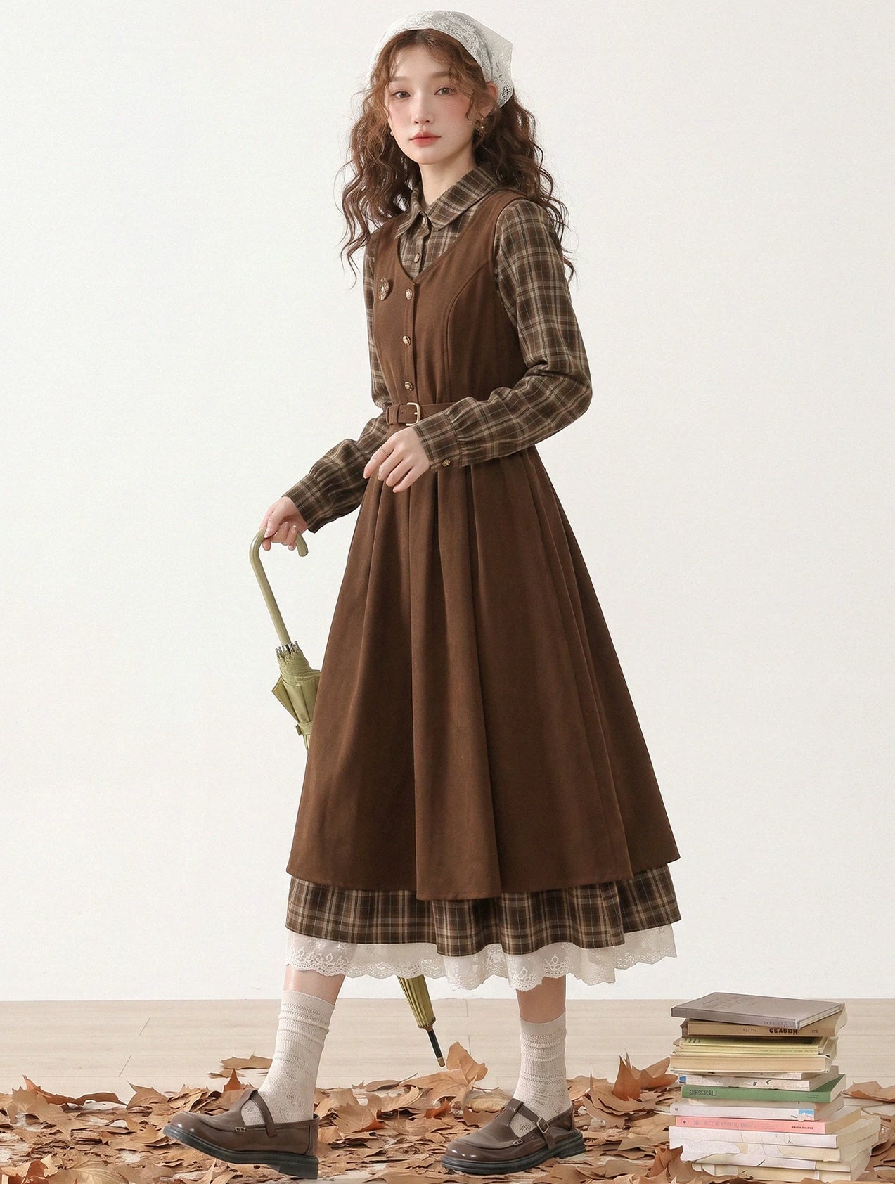 Chocolate Plaid Corduroy Twofer Midi Dress (Brown)