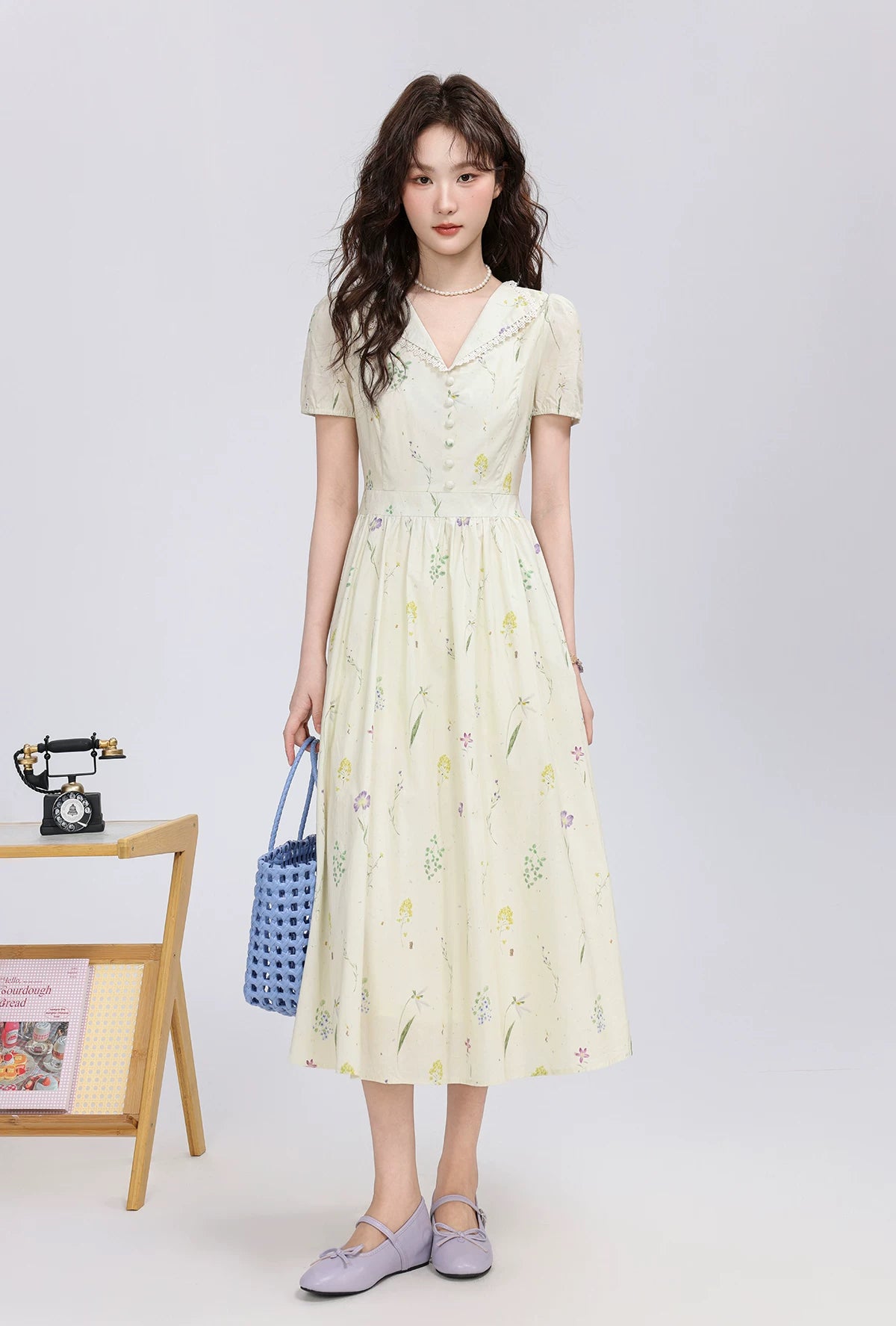 Dried Flowers Midi Shirt Dress (Cream)