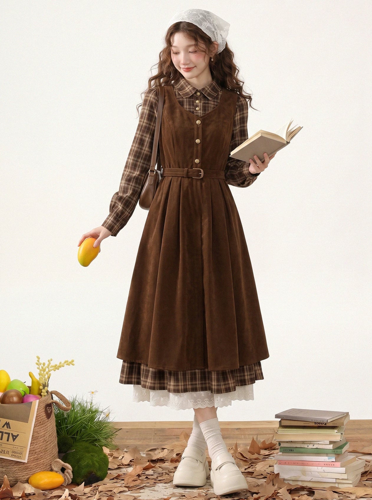 Chocolate Plaid Corduroy Twofer Midi Dress (Brown)