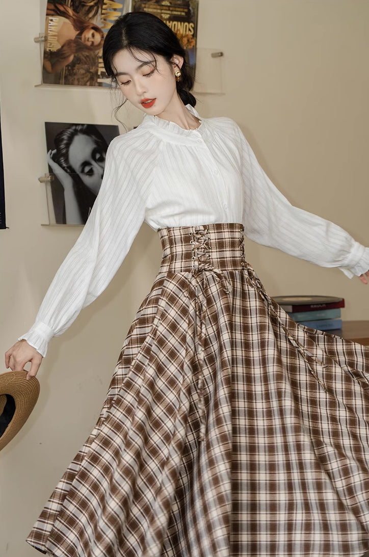 Choco Plaid Midi Skirt (Brown)