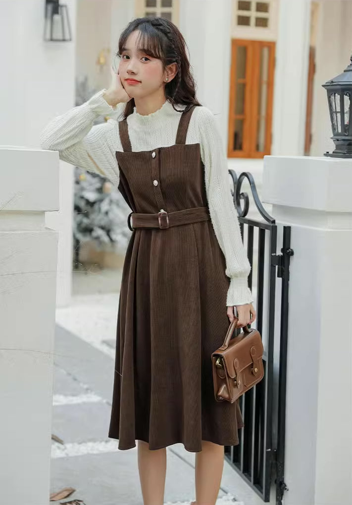 Corduroy Knit Belted Twofer Midi Dress (2 Colors)