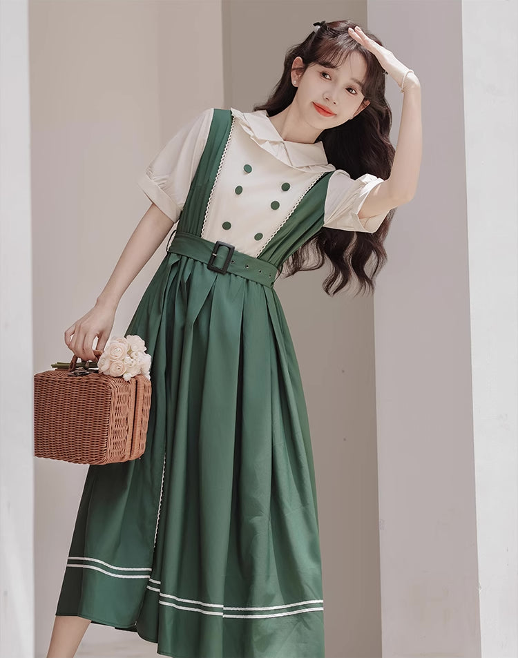 Lolita Short Sleeve Faux Layered Midi Dress (Green)