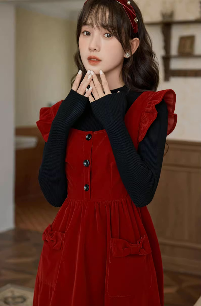 Velvet Frilly Bow Pinafore Dress (Red)