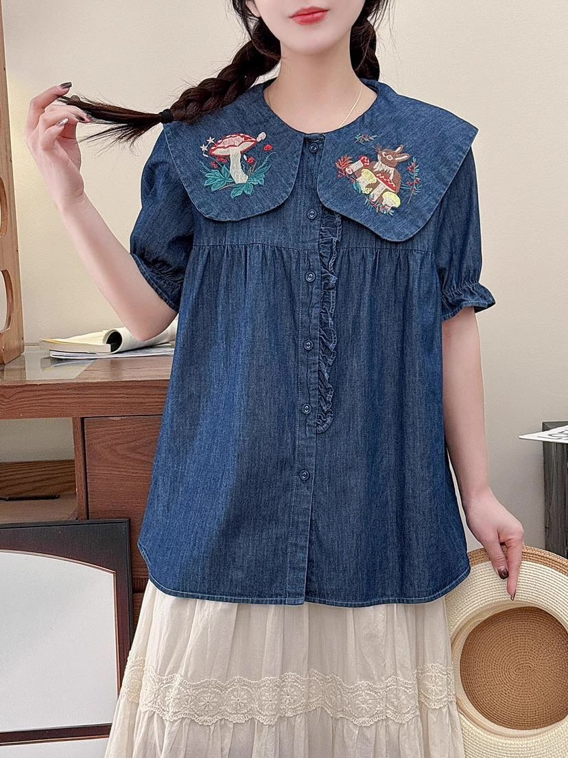 Mushroom Bunny Denim Blouse (2 Colors)