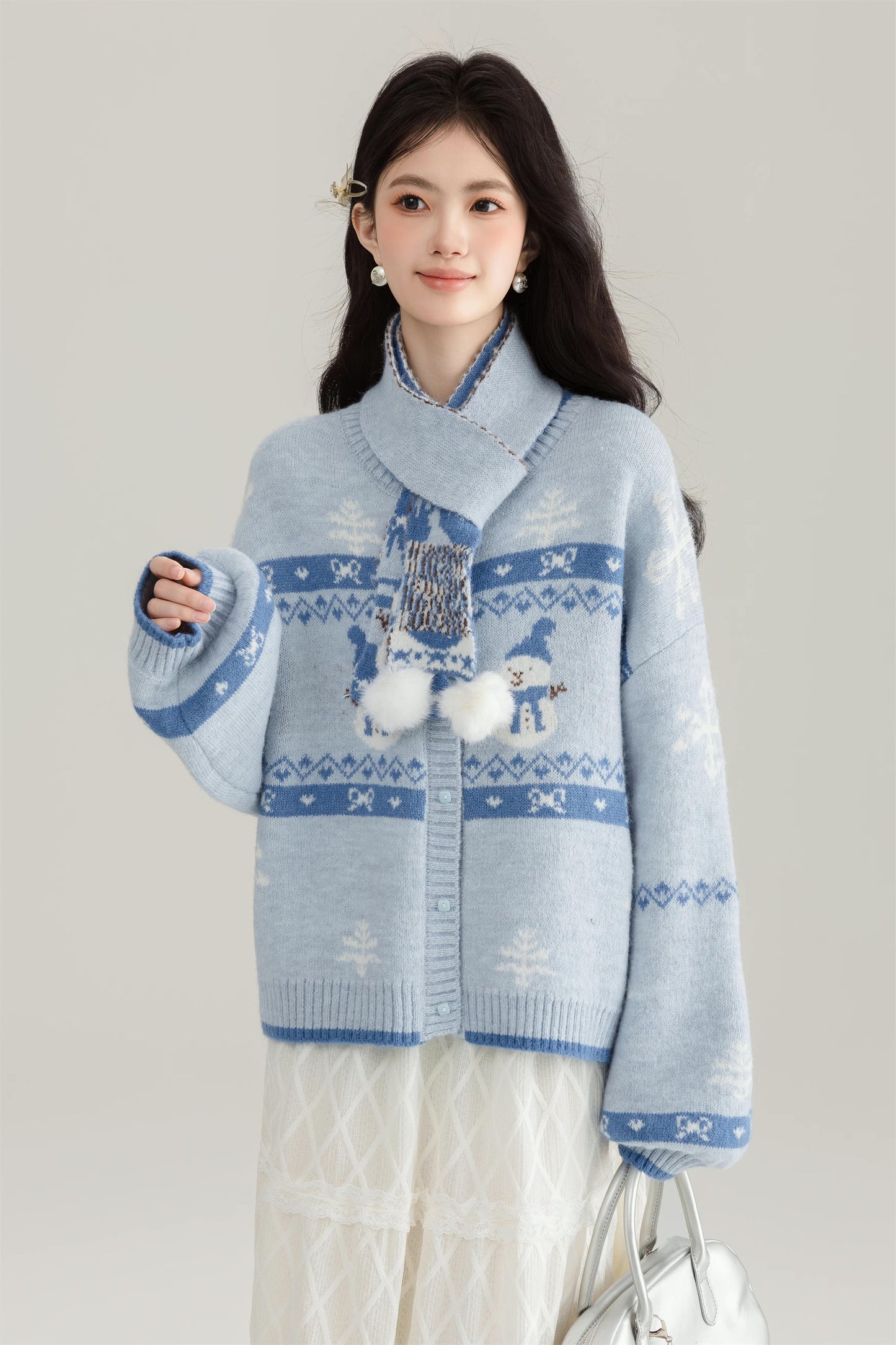 Snowy Snowman Fair Isle Cardigan (Blue)