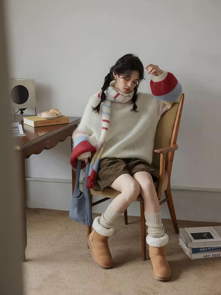 Rainbow Stripe Sleeves Sweater (White)