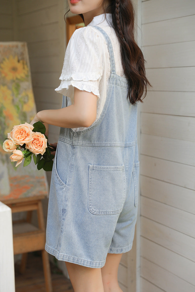 Button Up Poppy Short Overalls (Light Denim)