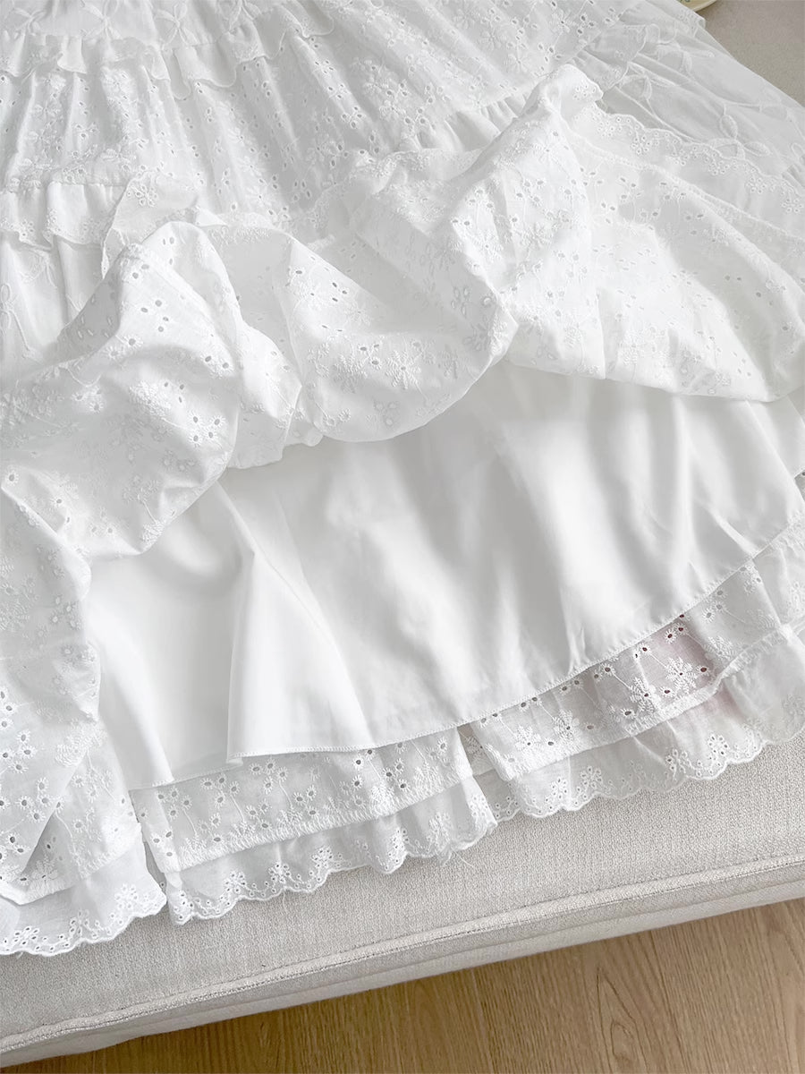 Broderie Tiered Midi Skirt (White)