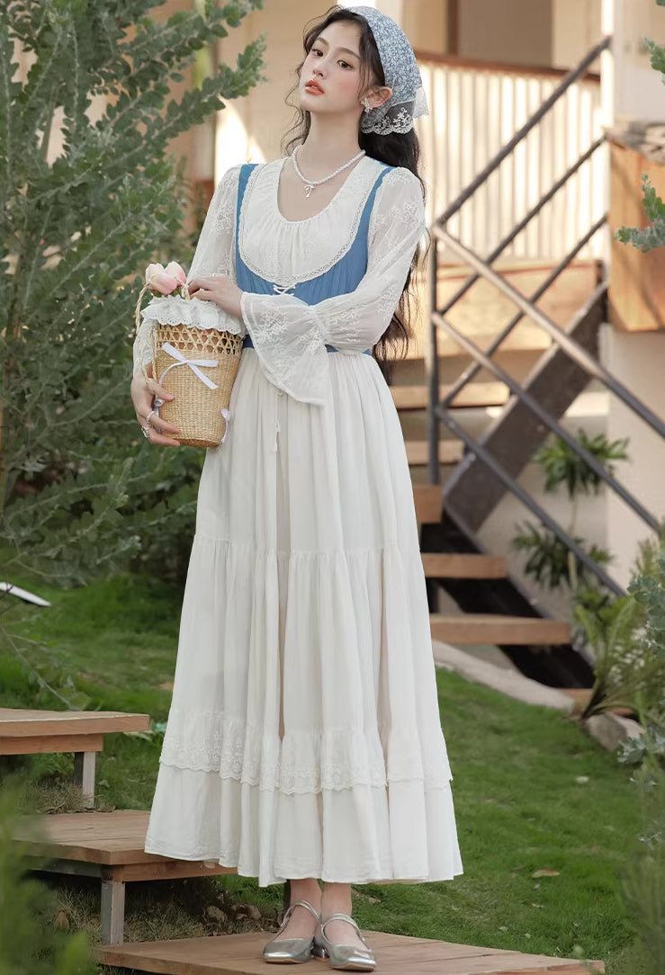 Belle Twofer Corset Peasant Maxi Dress (White/Blue)