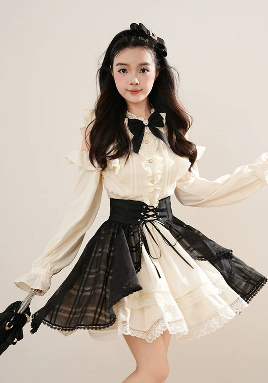 Medieval Punk Mini Dress & Corset Belt (Cream/Black)