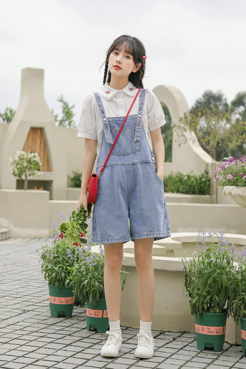 Rosy Days Embroidered Short Overalls (Light Denim)