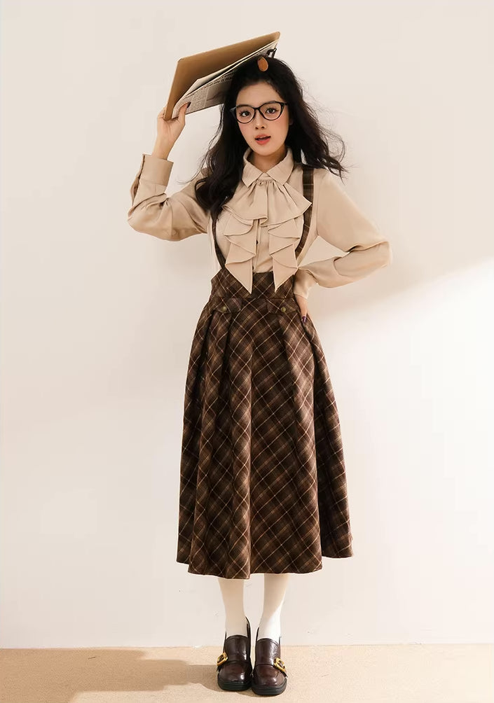 Newsgirl Plaid Suspender Skirt & Blouse Set (2 Colors)